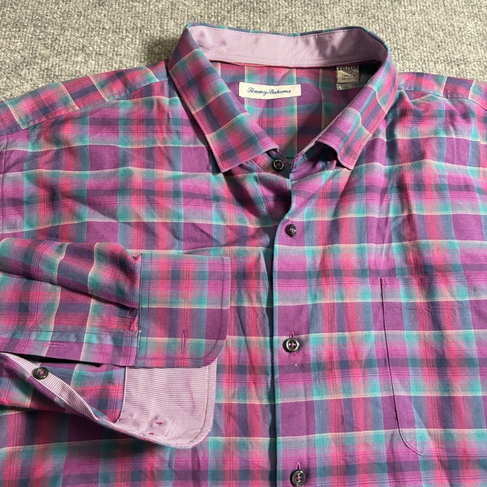 Tommy Bahama Silk Blend Shirt Mens XXL Purple Plaid Long‎ Sleeve Stretch